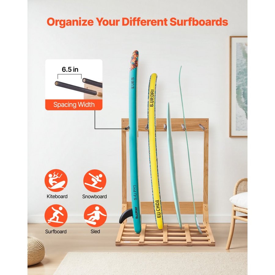 VEVOR Standing Surf Rack – 4-Tier Pinewood, Board Stand