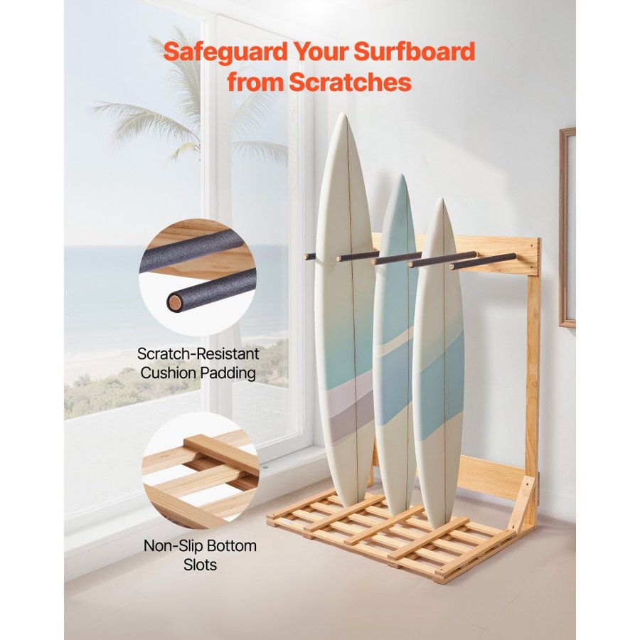 VEVOR Standing Surf Rack – 4-Tier Pinewood, Board Stand