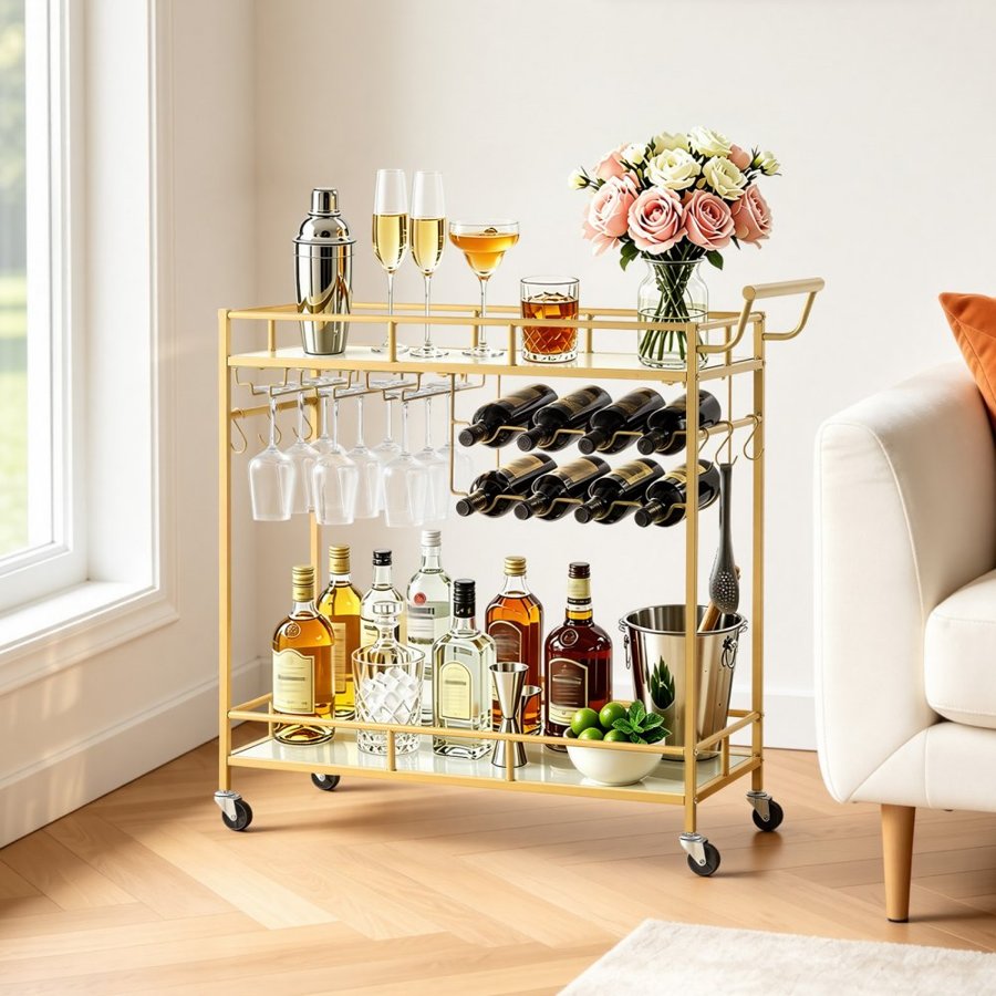 VEVOR Bar Cart, 2 Tiers Home Kitchen Serving Carts, Modern Rolling Utility Station on Wheels, Drink Beverage Trolley with Mirrored Glass Shelves, Wine Rack, Glass Holder, for Living Dining Room, Gold