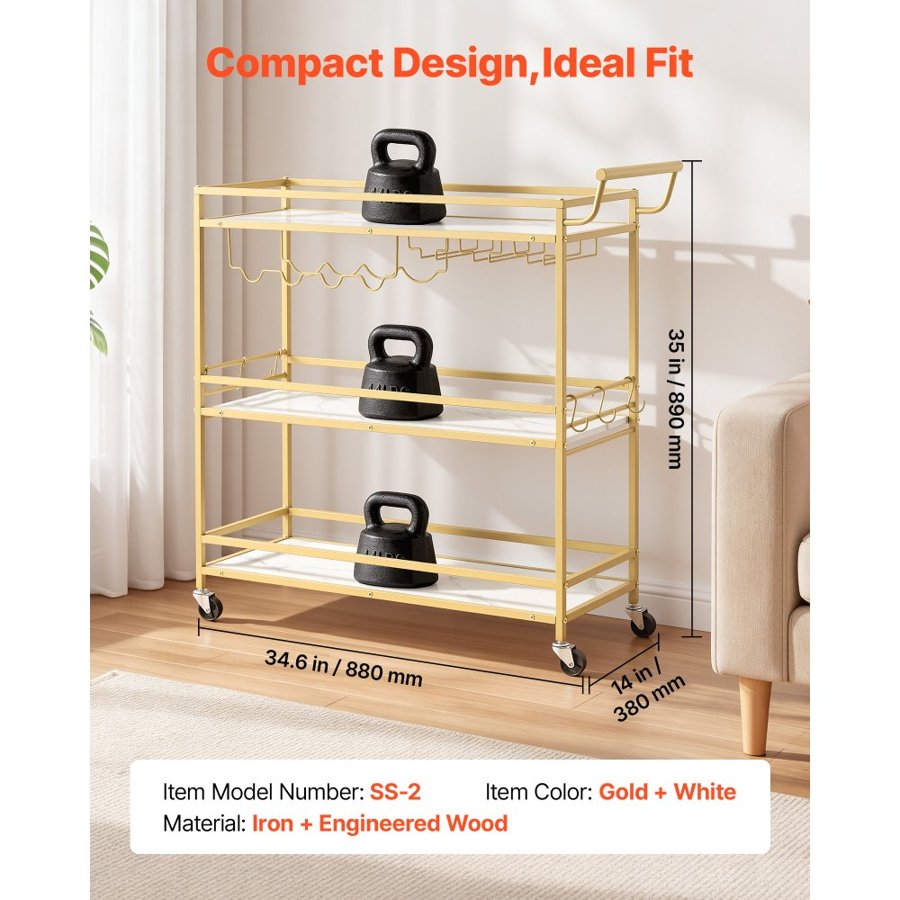VEVOR Bar Cart, 3 Tiers Home Kitchen Serving Carts, Modern Rolling Utility Station on Wheels, Mobile Drink Beverage Trolley with Wooden Shelf, Wine Rack, and Glass Holder, 910x330x935mm, Gold