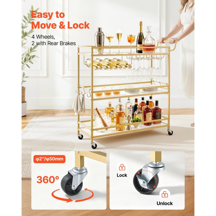 VEVOR Bar Cart, 3 Tiers Home Kitchen Serving Carts, Modern Rolling Utility Station on Wheels, Mobile Drink Beverage Trolley with Wooden Shelf, Wine Rack, and Glass Holder, 910x330x935mm, Gold