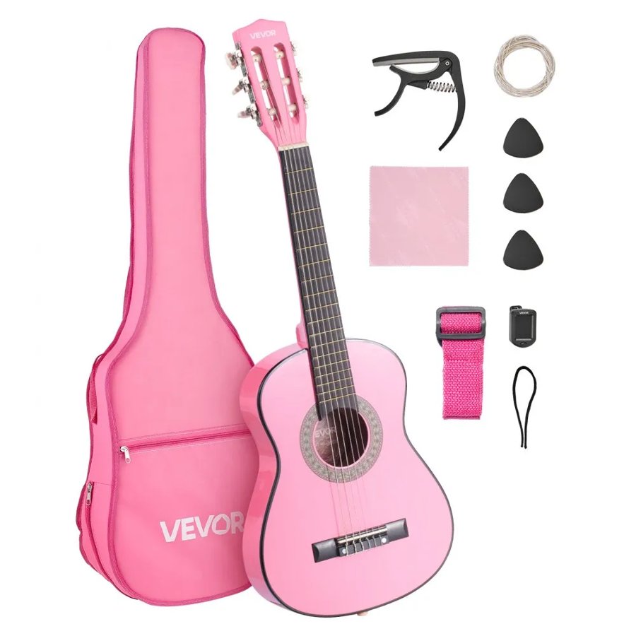 VEVOR Classical Guitar, 780 mm, Wood Classical Guitar Starter Kit for Beginners, with Nylon Strings, Gig Bag, Strap, Tuner, Extra Strings, Picks, Capo, Basswood, for Kids Girls Boys Students, Pink