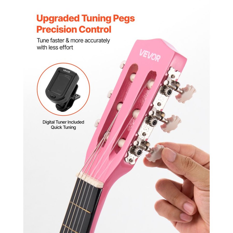 VEVOR Classical Guitar, 780 mm, Wood Classical Guitar Starter Kit for Beginners, with Nylon Strings, Gig Bag, Strap, Tuner, Extra Strings, Picks, Capo, Basswood, for Kids Girls Boys Students, Pink