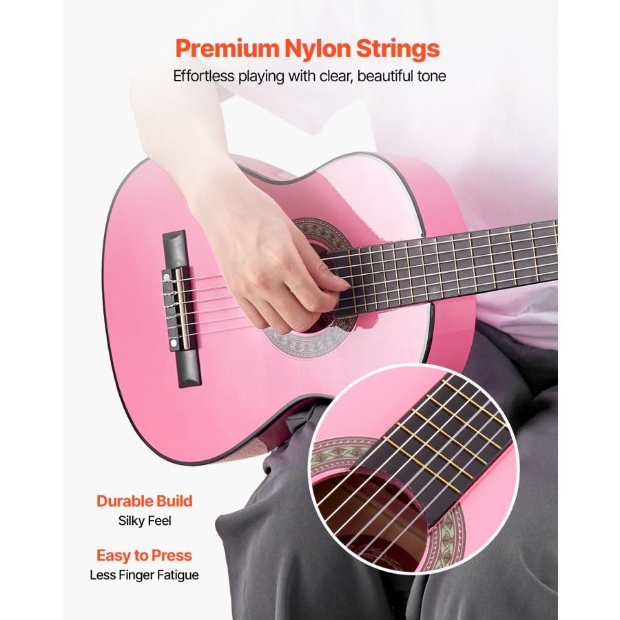 VEVOR Classical Guitar, 780 mm, Wood Classical Guitar Starter Kit for Beginners, with Nylon Strings, Gig Bag, Strap, Tuner, Extra Strings, Picks, Capo, Basswood, for Kids Girls Boys Students, Pink