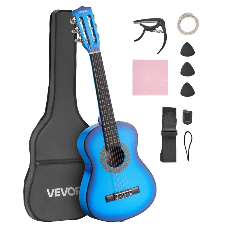 VEVOR Classical Guitar, 780 mm, Wood Classical Guitar Starter Kit for Beginners, with Nylon Strings, Gig Bag, Strap, Tuner, Extra Strings, Picks, Capo, Basswood, for Kids Girls Boys Students, Blue