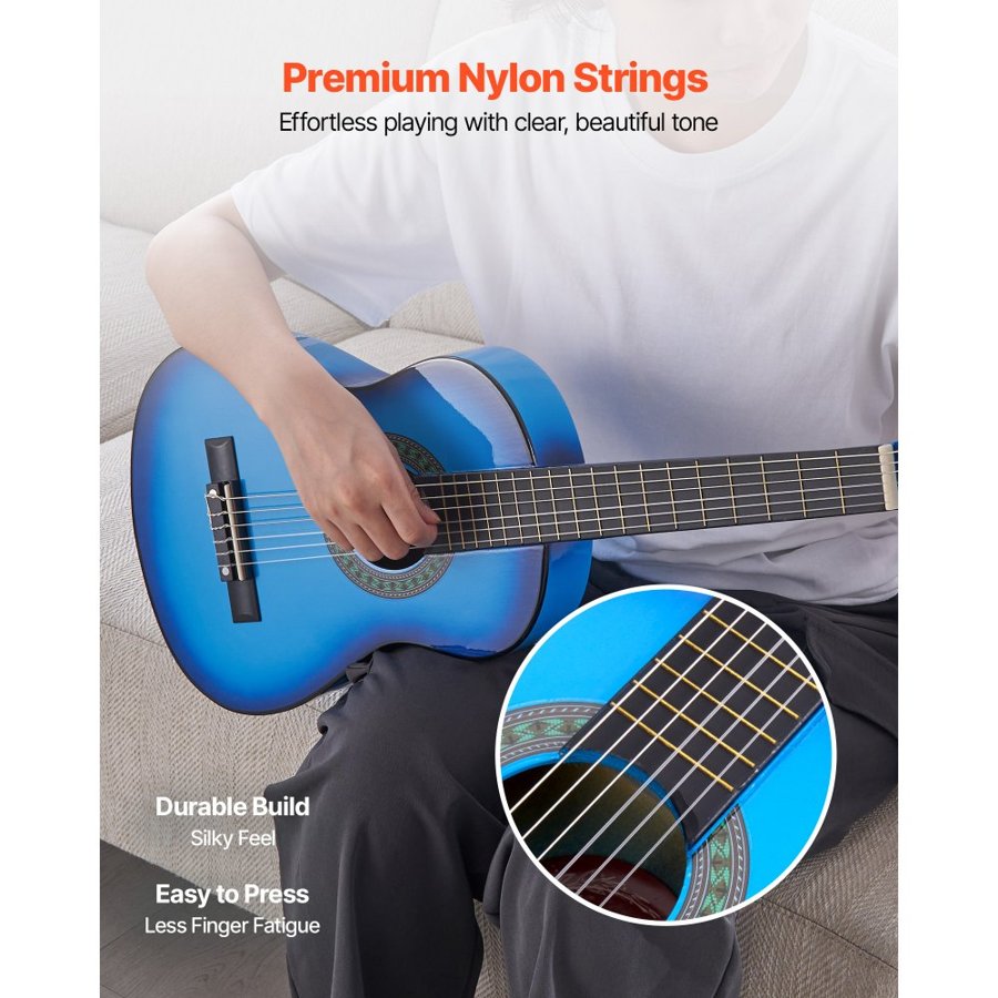 VEVOR Classical Guitar, 780 mm, Wood Classical Guitar Starter Kit for Beginners, with Nylon Strings, Gig Bag, Strap, Tuner, Extra Strings, Picks, Capo, Basswood, for Kids Girls Boys Students, Blue