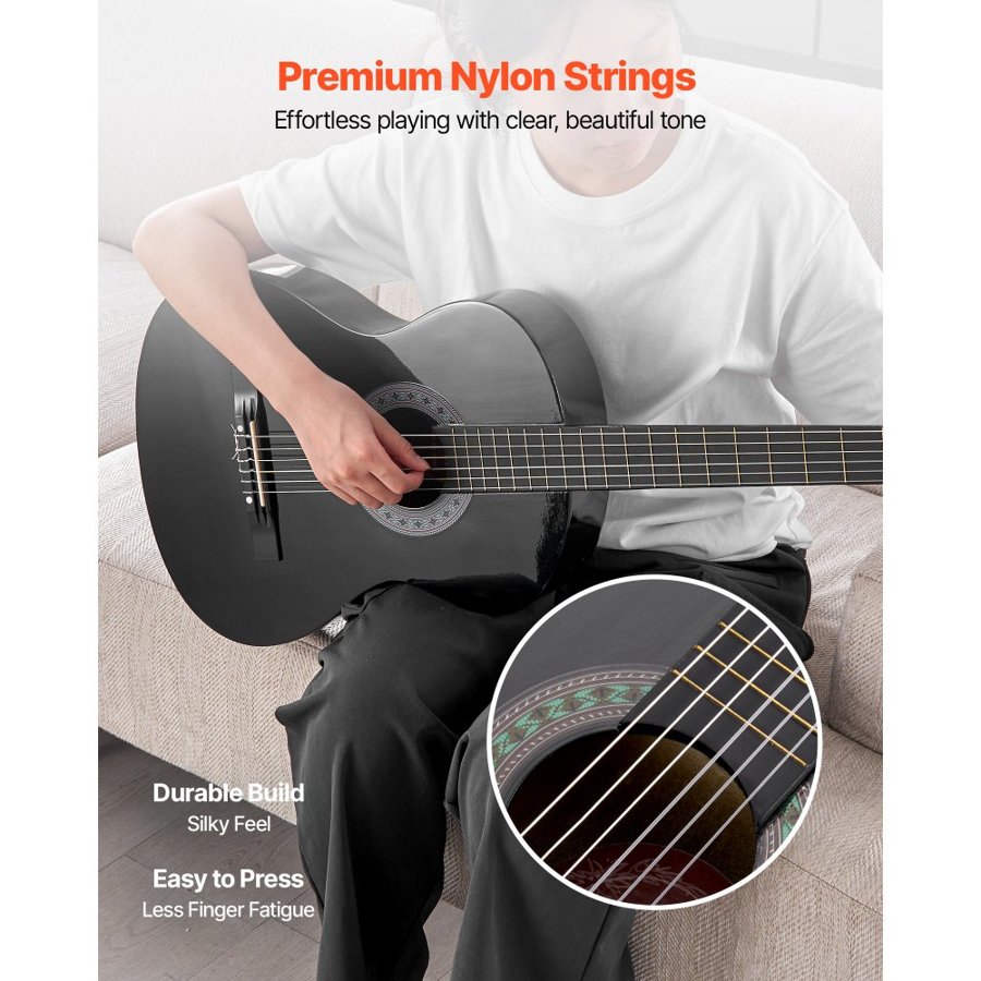 VEVOR Classical Guitar, 780 mm, Wood Classical Guitar Starter Kit for Beginners, with Nylon Strings, Gig Bag, Strap, Tuner, Extra Strings, Picks, Capo, Basswood, for Kids Girls Boys Students, Black