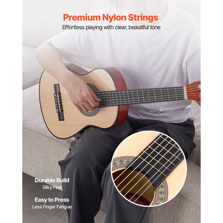 VEVOR Classical Guitar, 780 mm, Wood Classical Guitar Starter Kit for Beginners, with Nylon Strings, Gig Bag, Strap, Tuner, Extra Strings, Picks, Capo, Basswood, for Kids Girls Boys Students, Natural
