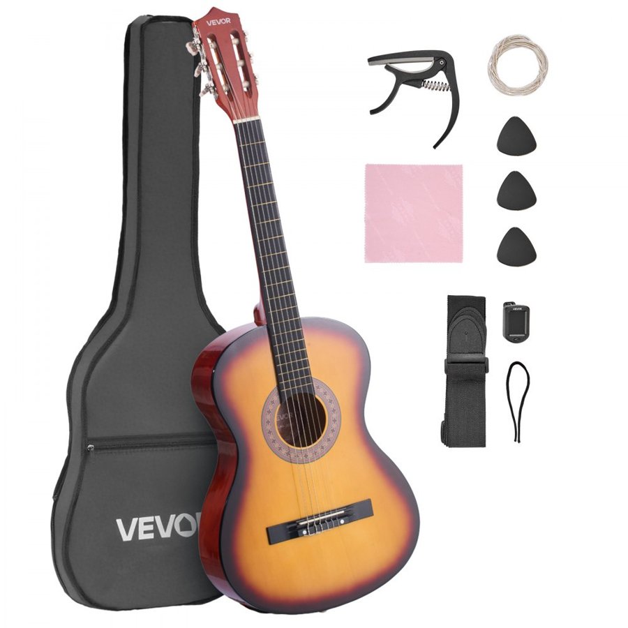 VEVOR Classical Guitar, 960 mm, Wood Classical Guitar Starter Kit for Beginners, with Nylon Strings, Gig Bag, Strap, Tuner, Extra Strings, Pick, Capo, Basswood, for Teenagers Adults Students, Sunburst