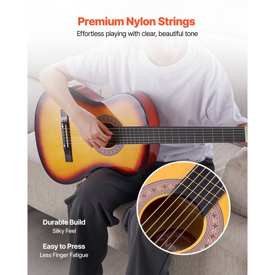 VEVOR Classical Guitar, 960 mm, Wood Classical Guitar Starter Kit for Beginners, with Nylon Strings, Gig Bag, Strap, Tuner, Extra Strings, Pick, Capo, Basswood, for Teenagers Adults Students, Sunburst