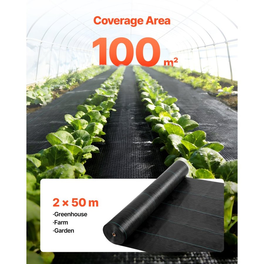 VEVOR Heavy Duty PP Weed Barrier Fabric – 2x50m, 100g, Black
