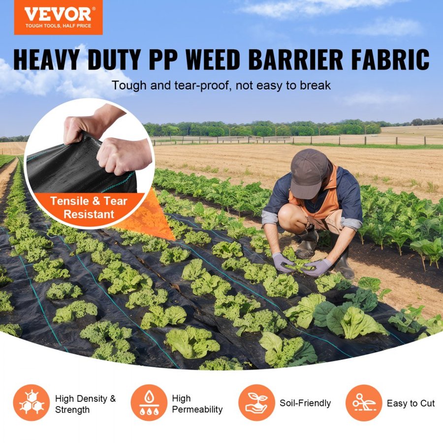 VEVOR 4FTx250FT Premium Heavy Duty Weed Barrier Landscape Fabric, 5OZ Woven Geotextile Fabric Under Gravel, High Permeability for Weed Blocker Weed Mat, Driveway Fabric, Weed Control Garden Cloth