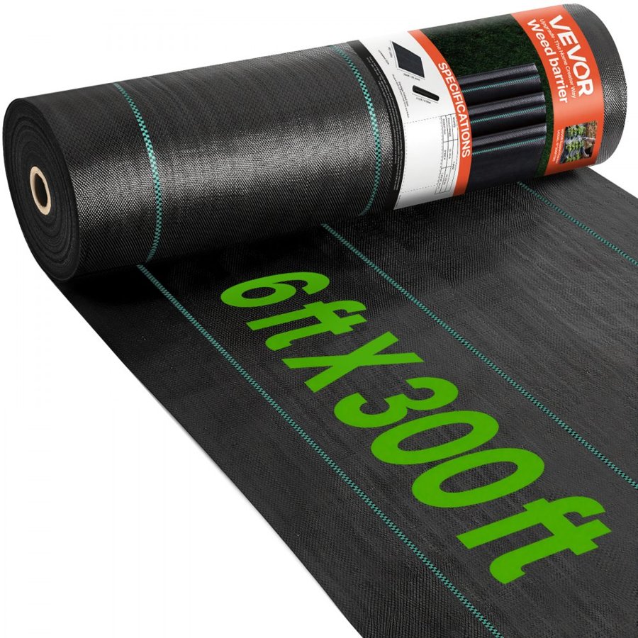 VEVOR Weed Barrier Landscape Fabric, 1.83 x 91.44 m Heavy Duty Garden Weed Fabric, Woven PP Weed Control Fabric, Driveway Fabric, Geotextile Fabric for Landscaping, Ground Cover, Weed Blocker Weed Mat, Black