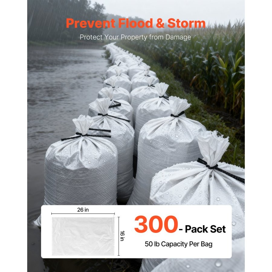 VEVOR 50 lb Sand Bags – 16" × 26", 300 Pack, PP Sacks