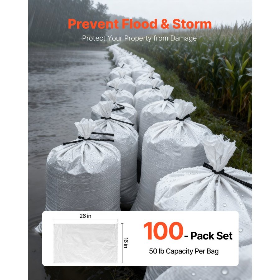 VEVOR Flood Prevention Sandbags – 100 Packs, 16 x 26 Inch