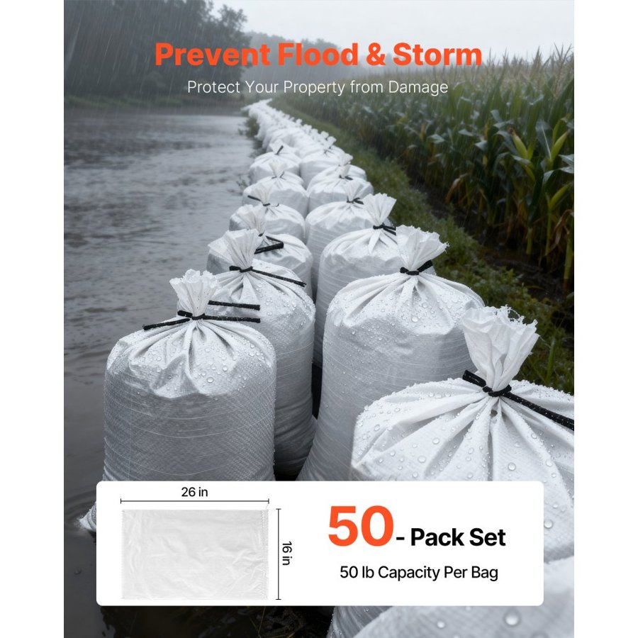 VEVOR Sandbags for Flood Protection – 50 Pack, 16 x 26 Inch