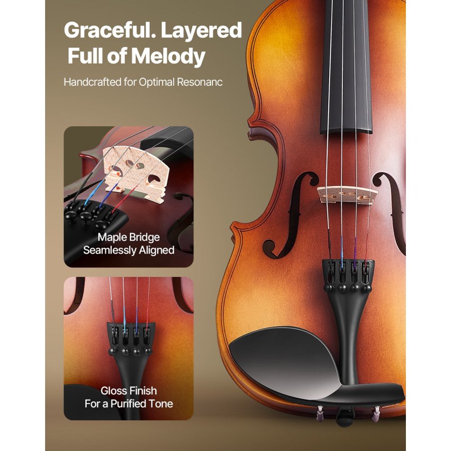 VEVOR Violin 355mm Full Size for Adults, Violin Fiddle Set for Beginners with Hard Case, Rosin, Bow, Shoulder Rest, Bridge, Tuner and Extra Strings, Professional Musical Instruments for Student (Brown)