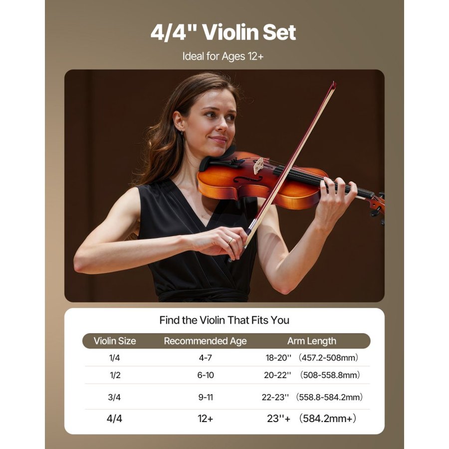 VEVOR Violin 355mm Full Size for Adults, Violin Fiddle Set for Beginners with Hard Case, Rosin, Bow, Shoulder Rest, Bridge, Tuner and Extra Strings, Professional Musical Instruments for Student (Brown)