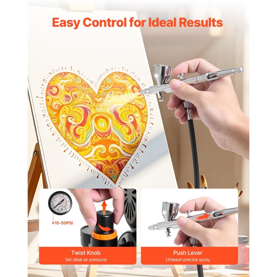 VEVOR Airbrush Kit, 1/6 HP, Air Brush Kit with Air Compressor and Tank, 1 Dual-Action Professional Airbrush with 1 Tip, Hose, Acrylic Paint, 2 Fans, for Cake Decorating, Model Painting, Nail Art