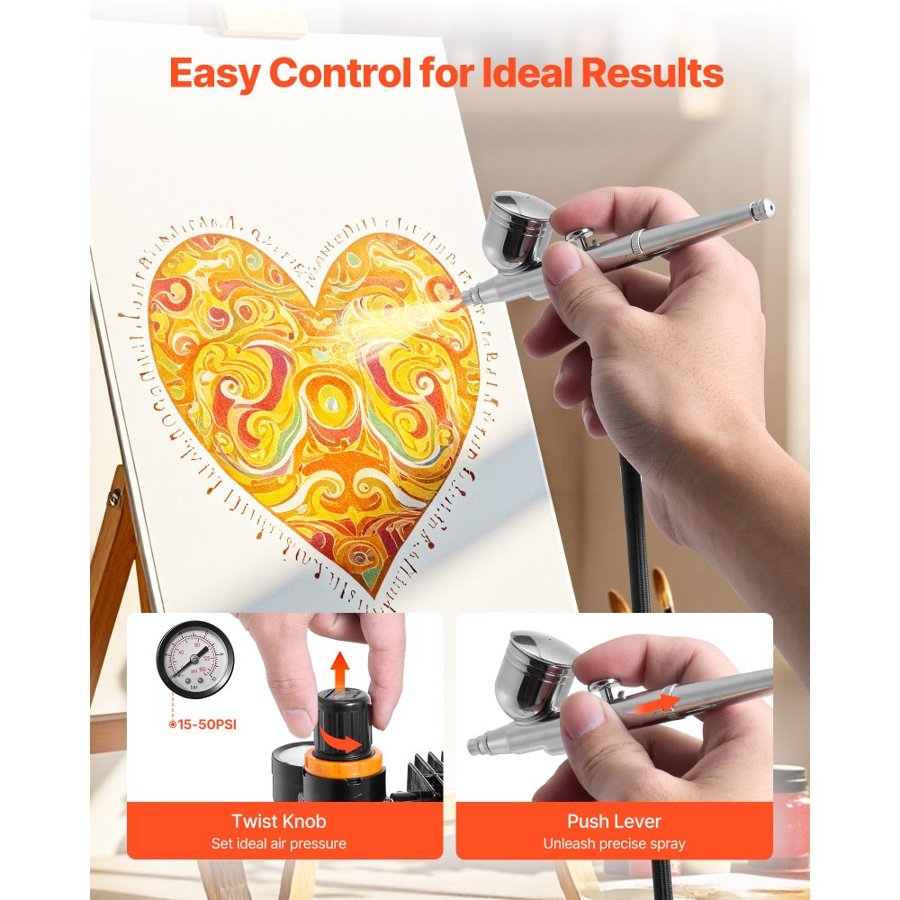 VEVOR Airbrush Kit, 1/6 HP, Air Brush Kit with Air Compressor, 3 Dual-Action Professional Airbrushes with 3 Tips, Hose, Acrylic Paint, Brush, Low Noise, for Cake Decorating, Model Painting, Nail Art