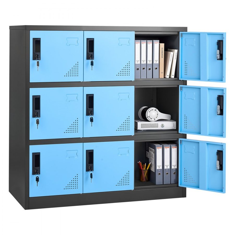 VEVOR 9 Doors Metal Locker, Lockable Steel Storage Cabinet, 66 lbs Loading Capacity, 2 Keys for Each Door, 3 Tiers Employee Lockers for Office, School, Gym, Easy Assembly, 90 x 45 x 94 cm, Black