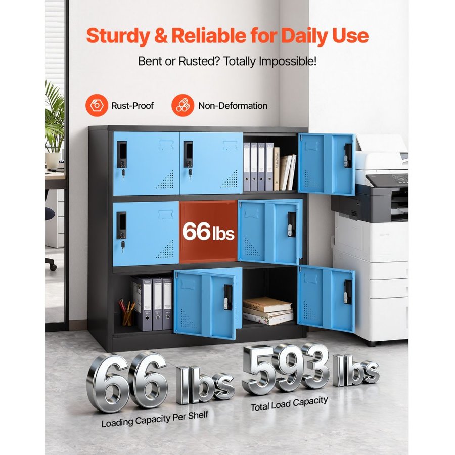 VEVOR 9 Doors Metal Locker, Lockable Steel Storage Cabinet, 66 lbs Loading Capacity, 2 Keys for Each Door, 3 Tiers Employee Lockers for Office, School, Gym, Easy Assembly, 90 x 45 x 94 cm, Black