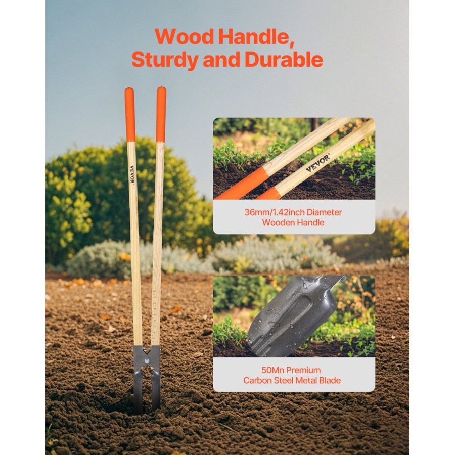 VEVOR Post Hole Digger, Heavy Duty Post Hole Digger with Wood Handle, Manual Hole Digger with Scale Markings and Metal Blade, Post Hole Digger Tool for Digging Yard Work Gardening Outdoors, 57.5-Inch