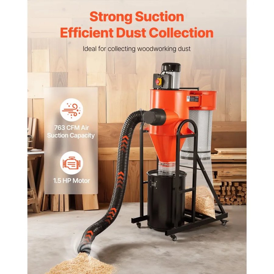 VEVOR Dust Collector, 763 CFM 1 Micron Cyclone Dust Collector, 1.5HP Dusts Separator with 47.32L Dust Collector Bag & Base Stand, Smart Cyclone Separation, Dusts Collection System for Woodworking