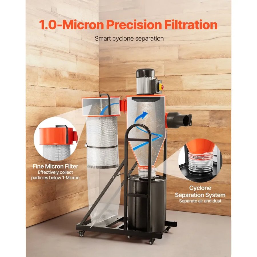 VEVOR Dust Collector, 763 CFM 1 Micron Cyclone Dust Collector, 1.5HP Dusts Separator with 47.32L Dust Collector Bag & Base Stand, Smart Cyclone Separation, Dusts Collection System for Woodworking