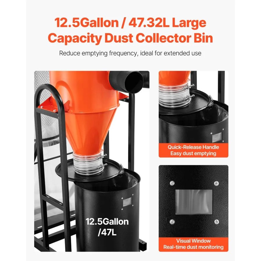 VEVOR Dust Collector, 763 CFM 1 Micron Cyclone Dust Collector, 1.5HP Dusts Separator with 47.32L Dust Collector Bag & Base Stand, Smart Cyclone Separation, Dusts Collection System for Woodworking