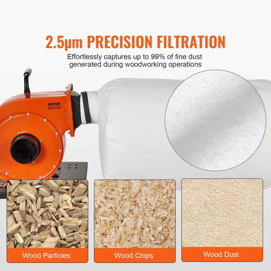 VEVOR Dust Collector, 781.54 m³/h Air Flow, Rolling Dust Collector with 80-Liter Dust Collection Bag, 2.5 Micron Bag Filtration, Industrial Workshop Mobile Wood Dust Container with Handle and Wheels