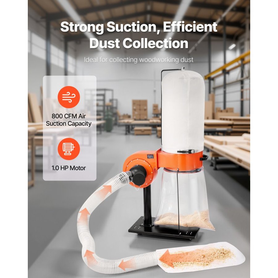 VEVOR Dust Collector, 800 CFM 2.5 Micron Vortex Cone Dust Collectors, 1HP Sawdust Collection System with 60L Dusts Collector Bag, Filter Bag, and Casters, 2800 RPM High Speed, for Woodworking