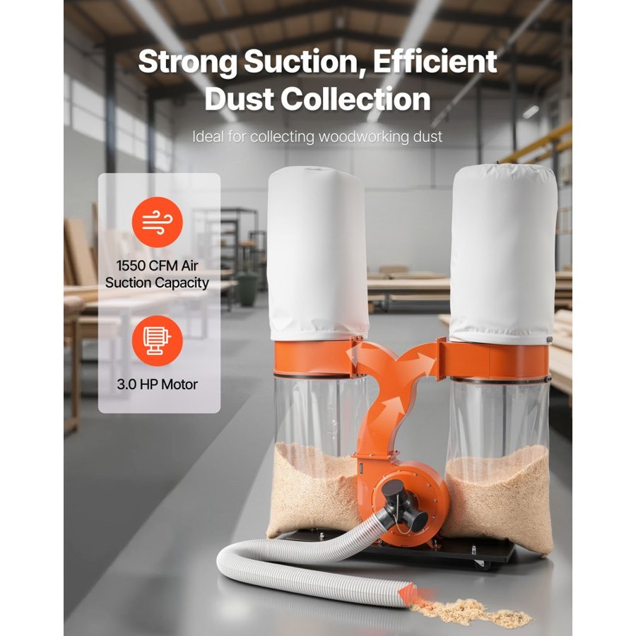 VEVOR Dust Collector, 1550 CFM 2.5 Micron Vortex Cone Dust Collectors, 3.0HP Sawdust Collection System with Two 132.5L Dusts Collector Bags & Two 159L Filter Bags, 2800 RPM, Non-Woven Fabric