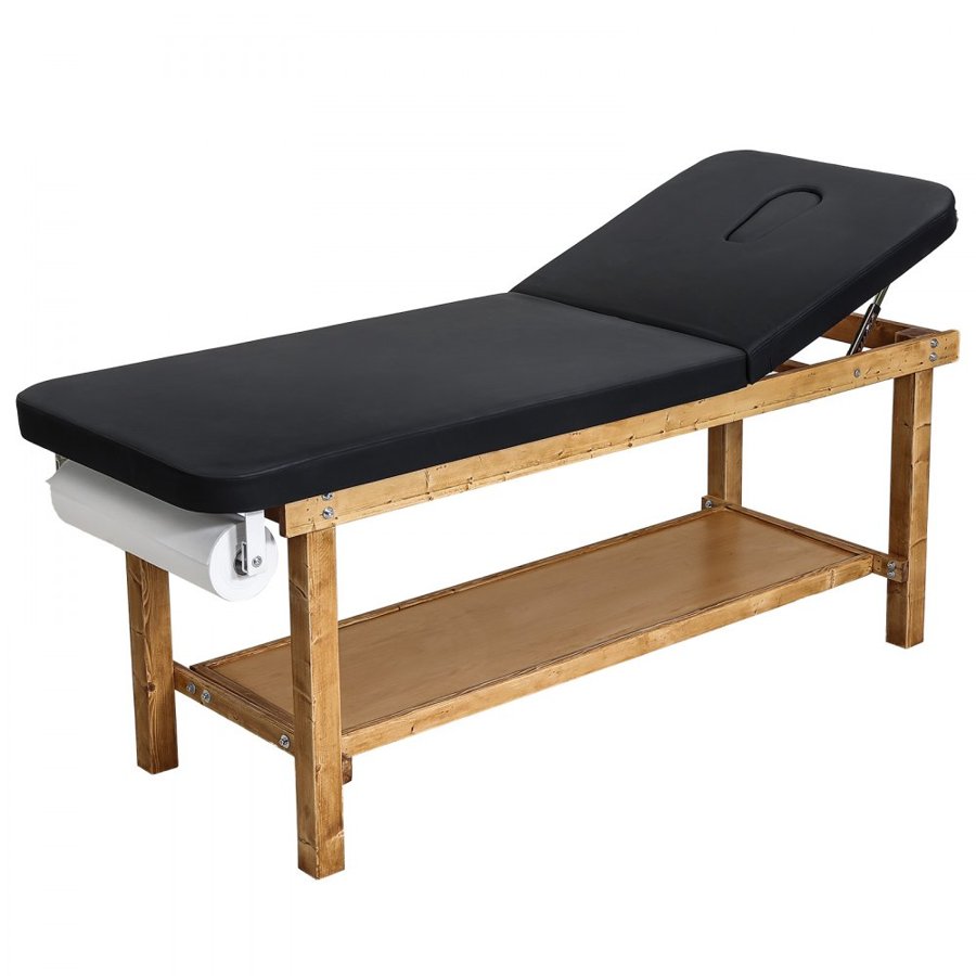 VEVOR Medical Exam Table, Wooden Framed Medical Examination Bed, Physical Therapy Exam Table with Adjustable Backrest, Storage Shelf & Paper Roll Dispenser for Hospitals Clinics Rehab Centers