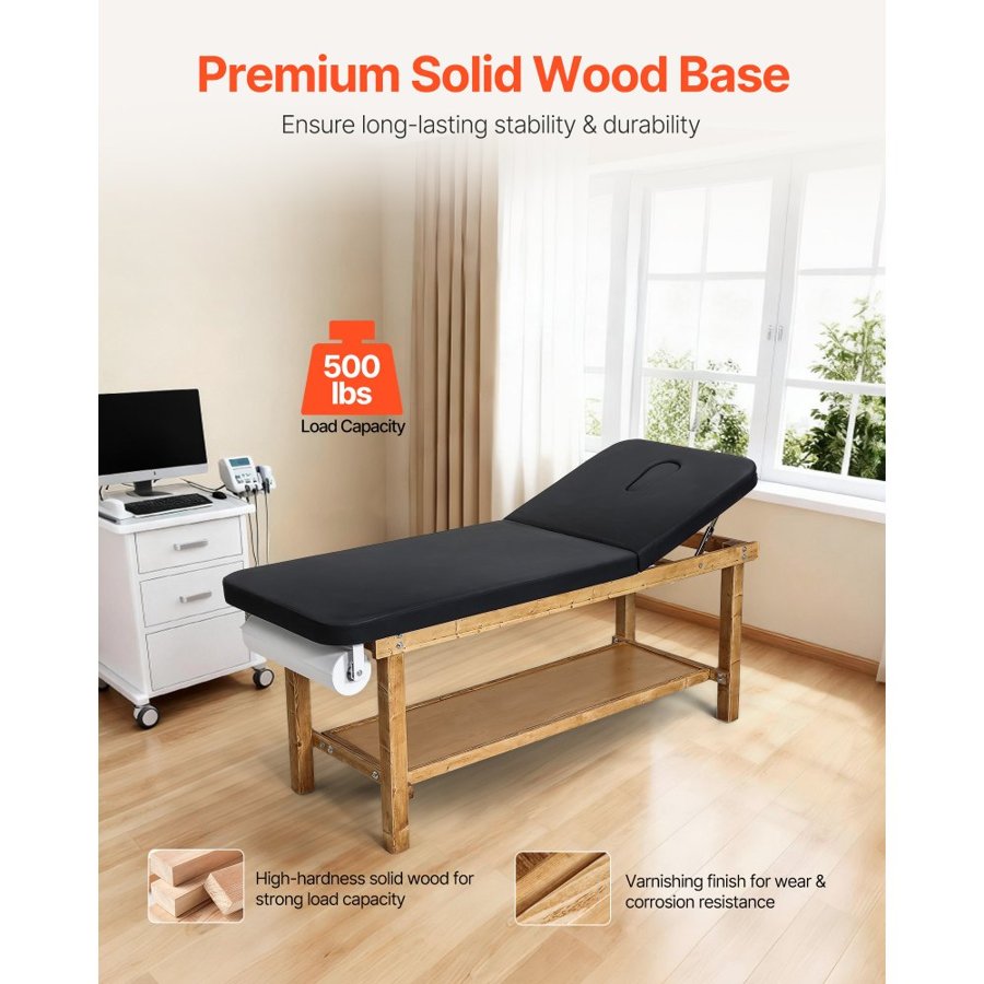 VEVOR Medical Exam Table, Wooden Framed Medical Examination Bed, Physical Therapy Exam Table with Adjustable Backrest, Storage Shelf & Paper Roll Dispenser for Hospitals Clinics Rehab Centers