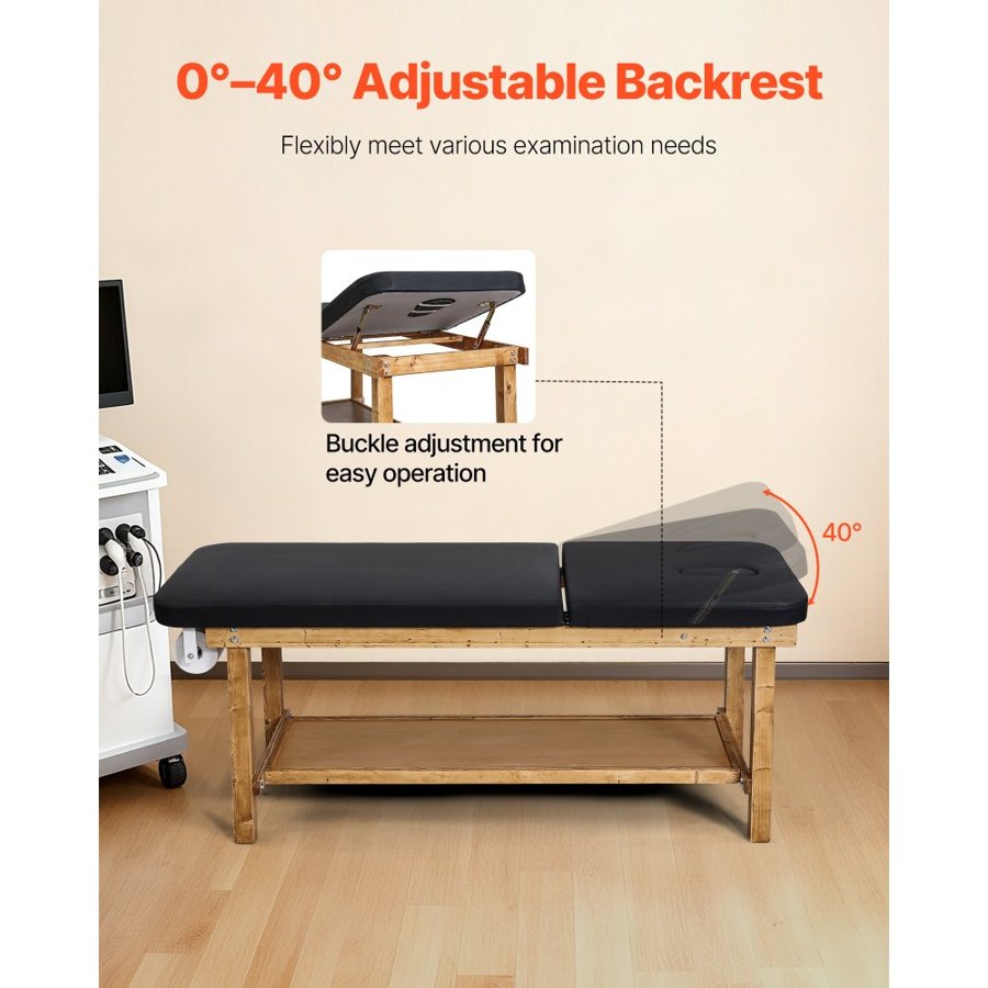 VEVOR Medical Exam Table, Wooden Framed Medical Examination Bed, Physical Therapy Exam Table with Adjustable Backrest, Storage Shelf & Paper Roll Dispenser for Hospitals Clinics Rehab Centers