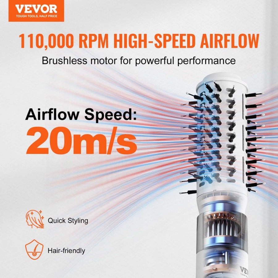 VEVOR Hair Dryer Styler, Ionic Hair Dryer Brush, 110,000RPM High-Speed Hot Air Styler with Oval & Paddle Brush, 4 Temps & 3-Speed Blow Dryer Brush Styling Tool for Fast Drying Volumizing Straightening