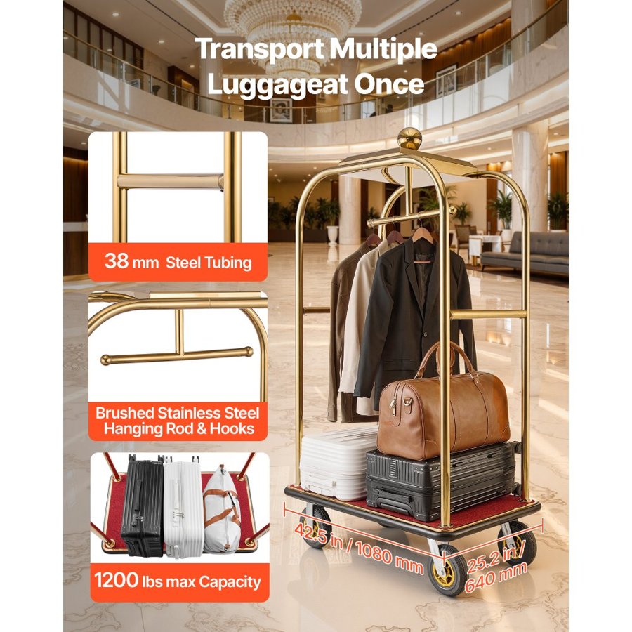 VEVOR Hotel Bell Cart – 1200 lb, Gold Frame, Red Carpet Deck