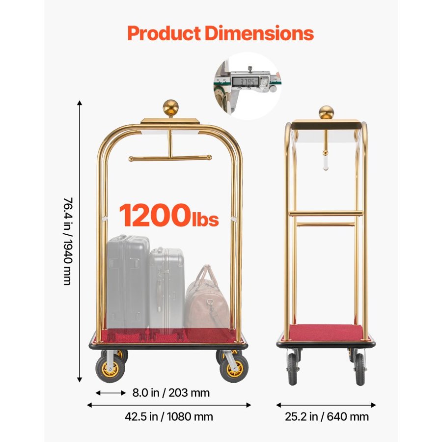VEVOR Hotel Bell Cart – 1200 lb, Gold Frame, Red Carpet Deck