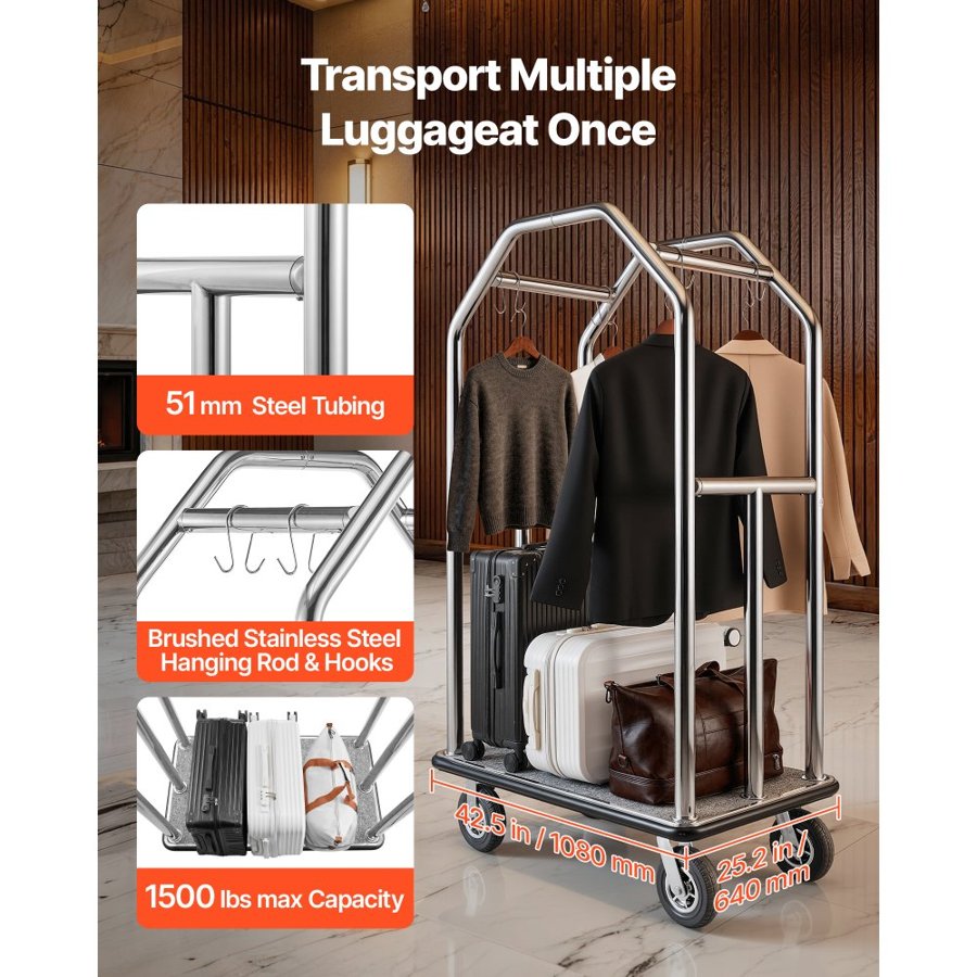 VEVOR Bellman Luggage Cart – 1500 lbs, 2 in SS Pipe