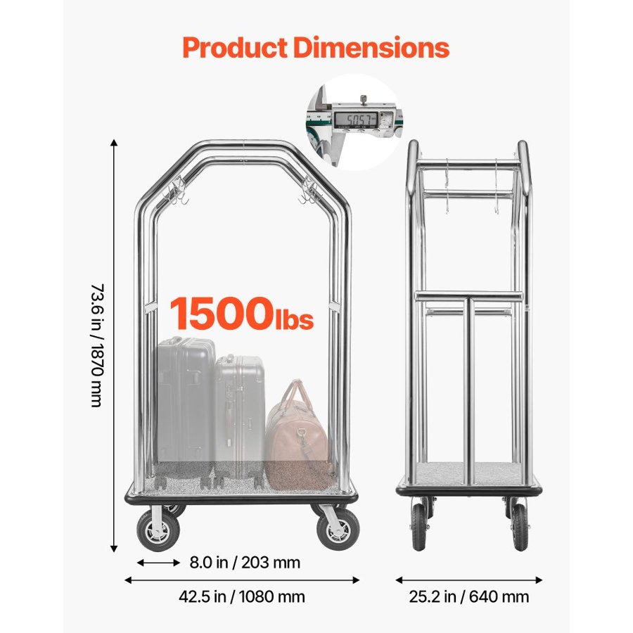 VEVOR Bellman Luggage Cart – 1500 lbs, 2 in SS Pipe
