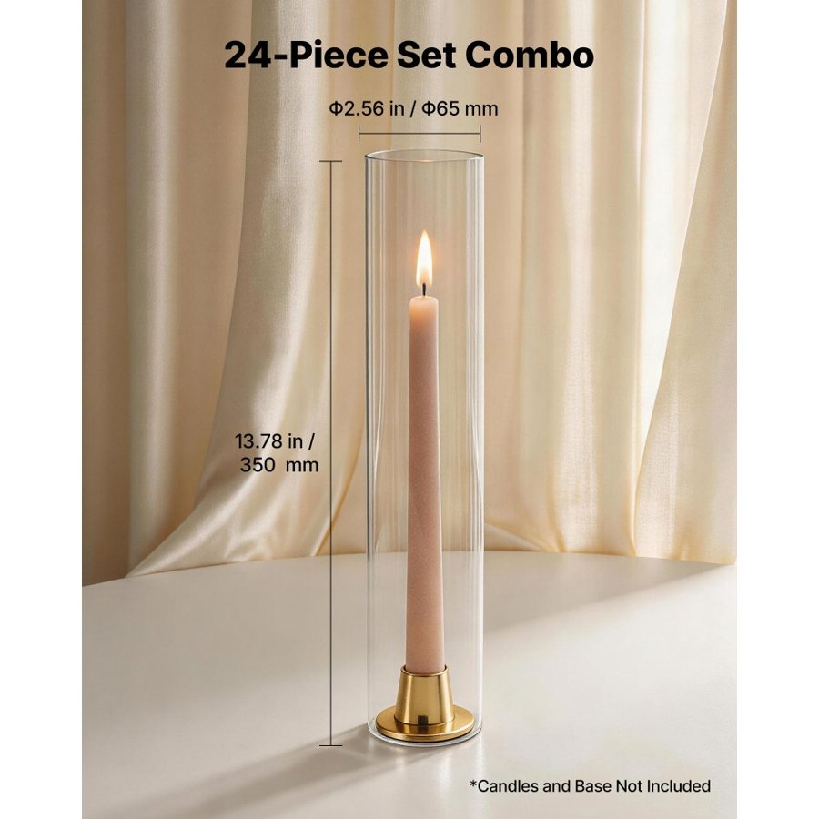 VEVOR Hurricane Glass Cylinders Set of 24, Φ 65 x 350 mm Tall Clear Glass Candle Covers, High Borosilicate Glass Sleeves for Pillar Candles, Wedding Centerpieces, Home Decor, Party, Wind Protection