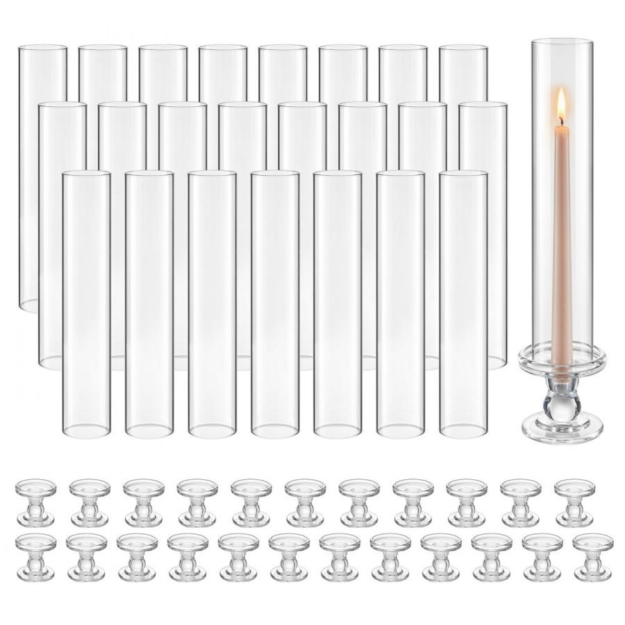 VEVOR Hurricane Candle Holders Set of 24, 320 mm Tall Clear Glass Taper Candle Holders, High Borosilicate Glass, 2.36 in Cylinder for Wedding, Table Centerpiece, Party, Home Decor, Wind Protection