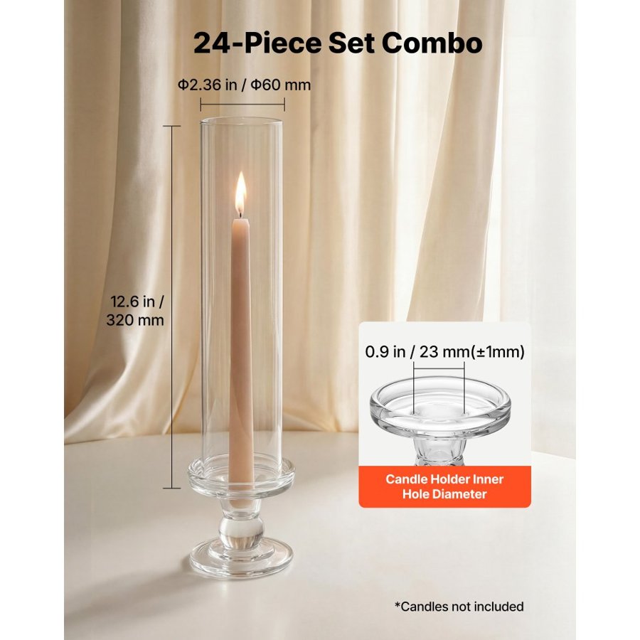 VEVOR Hurricane Candle Holders Set of 24, 320 mm Tall Clear Glass Taper Candle Holders, High Borosilicate Glass, 2.36 in Cylinder for Wedding, Table Centerpiece, Party, Home Decor, Wind Protection