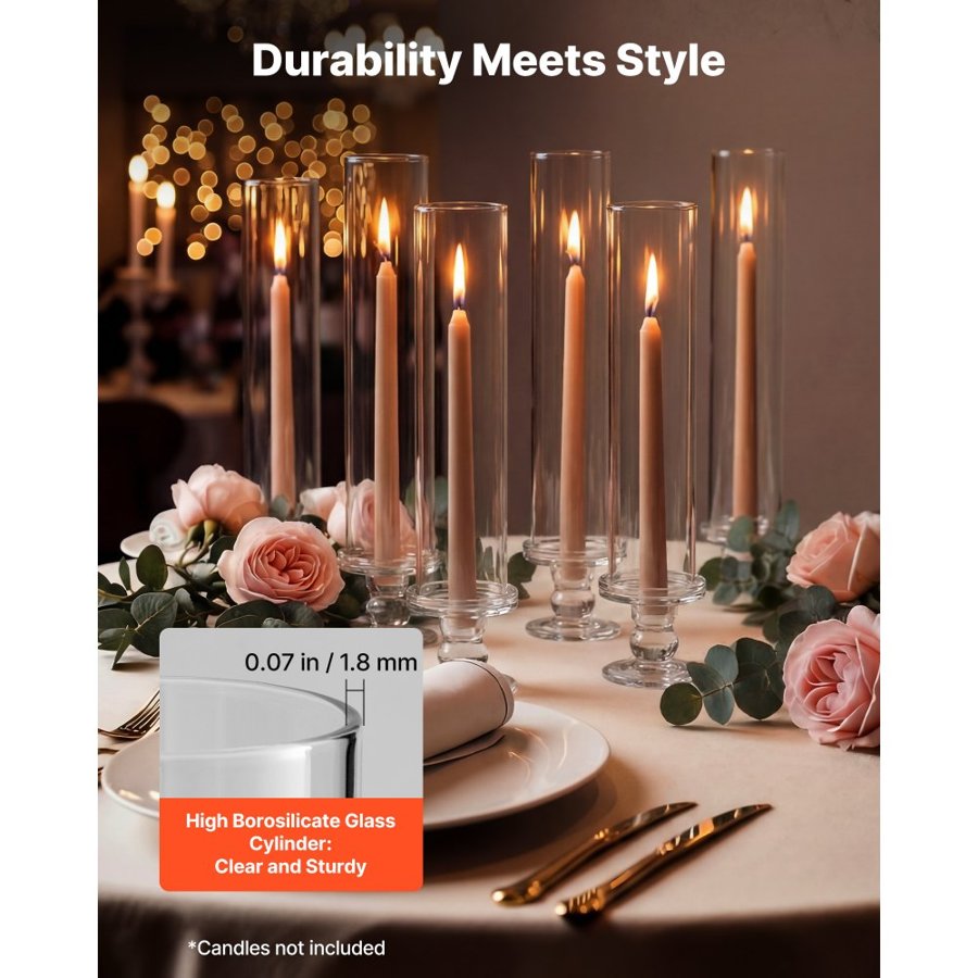 VEVOR Hurricane Candle Holders Set of 24, 320 mm Tall Clear Glass Taper Candle Holders, High Borosilicate Glass, 2.36 in Cylinder for Wedding, Table Centerpiece, Party, Home Decor, Wind Protection