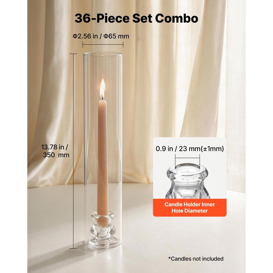 VEVOR Hurricane Candle Holders Set of 36, Φ 65 x 350 mm Tall Clear Glass Cylinder Candleholder Sleeve, High Borosilicate Glass, Wind Protection for Wedding, Table Centerpiece, Party, Home Decor