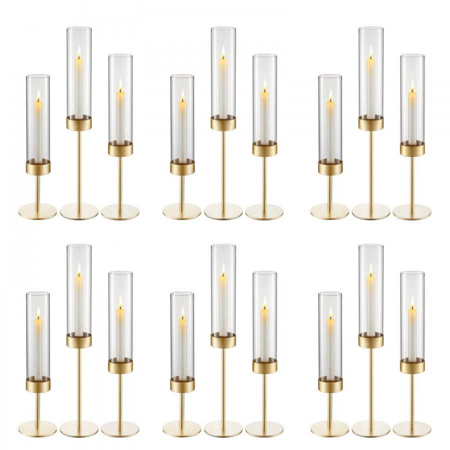 VEVOR Hurricane Candle Holders Set of 18, Gold Metal Stand with Clear Glass Cylinders, Elegant Tiered Centerpieces Wind Protection for Wedding, Table Centerpieces, Party, Home Decor, Modern Style