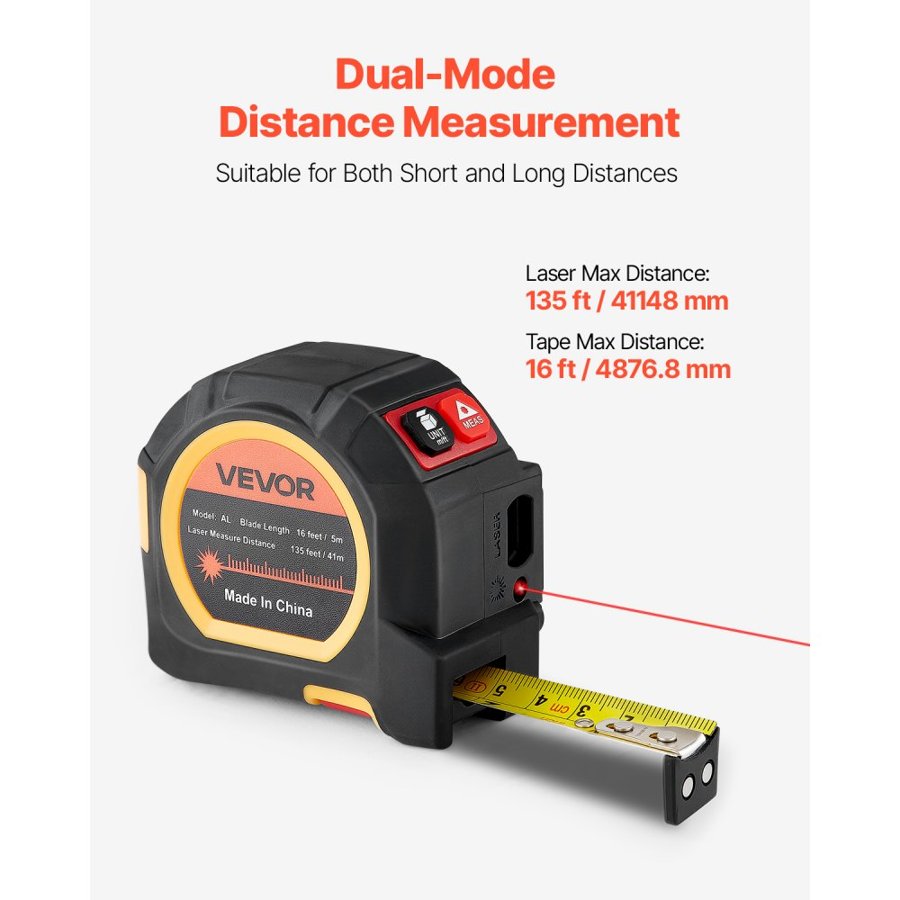 VEVOR 2 in 1 Laser Tape Measure – 135 ft Laser, 16 ft Tape