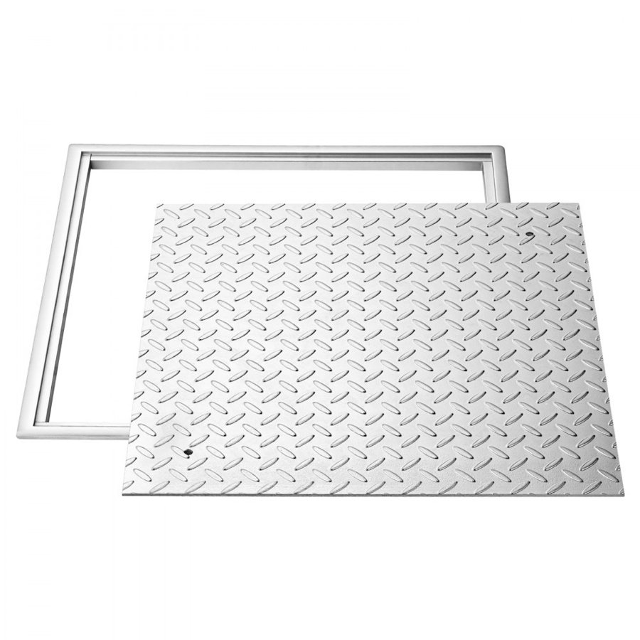 VEVOR Manhole Cover with Frame, 600 x 600mm Square Septic Tank Lid with Base, Heavy-Duty Slip-Resistant Carbon Steel Drain Channel Inspection Access Cover for Pavements Gardens