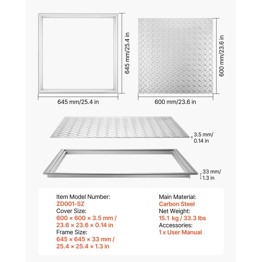 VEVOR Manhole Cover with Frame, 600 x 600mm Square Septic Tank Lid with Base, Heavy-Duty Slip-Resistant Carbon Steel Drain Channel Inspection Access Cover for Pavements Gardens